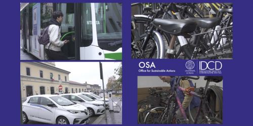 Collage composto da foto di autobus, auto elettriche, bicicletta e ciclo-officina