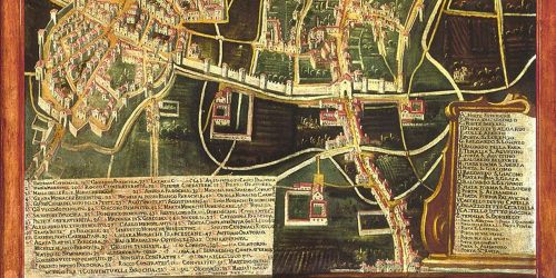 Dettaglio della veduta della città di Bergamo realizzata da Alvise Cima, 1693