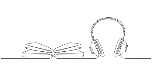 Disegno stilizzato di un libro affiancato da cuffie per ascoltare musica