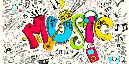 Disegno con al centro la parola "Music" circondata da scritte e disegni inerenti la musica