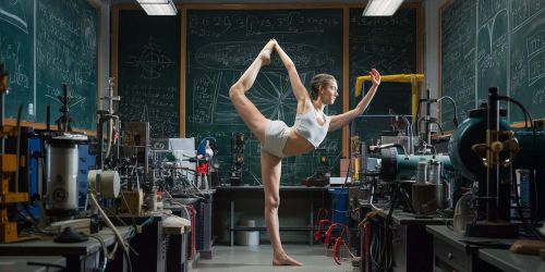 Praticante Yoga in un laboratorio di fisica. Immagine creata con l'intelligenza artificiale