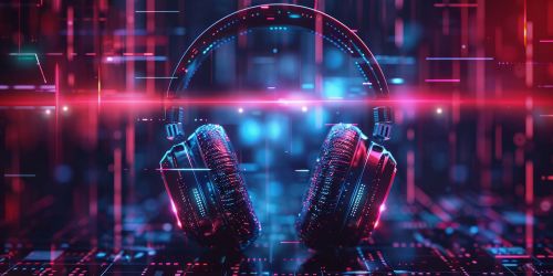 Cuffie musicali su sfondo che richiama il mondo digitale