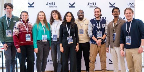 Alcuni degli studenti che hanno partecipato all'EC2U Forum di Linz -  Some of the students who took part in the EC2U Forum in Linz including from UniPv: Claudio (1st left), Emma (4th), followed by Samin, Prince, Alessandro and Aditya