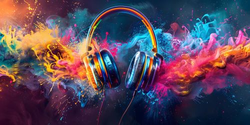 Cuffie musicali, sullo sfondo macchie di colori vibranti che si mischiano tra loro