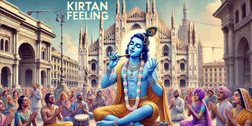 Disegno di divinità induista, circondata da induisti in preghiera, di fronte al Duomo di Milano 