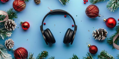Cuffie per ascoltare musica con palline di Natale, pigne e rami di abete