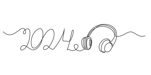 Disegno cuffie musicali il cui filo compone la scritta 2024