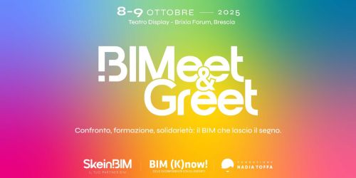 Copertina evento "BIMeet&Great" con dati principali (titolo, data, sottotitolo) e loghi organizzatori