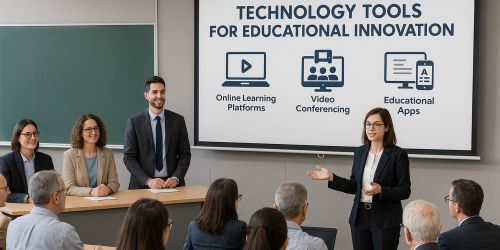 Aula con docenti e discenti. Sulla lavagna la scritta "Technology tools for educational innovation"