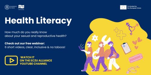 Copertina "Health Literacy" con principali informazioni e disegno stilizzato di ragazzi e simboli relativi alla salute sessuale