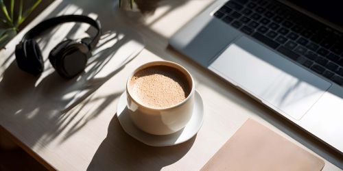 Tavolo su cui sono appoggiati una tazza di caffè, delle cuffie per ascoltare musica e un pc portatile