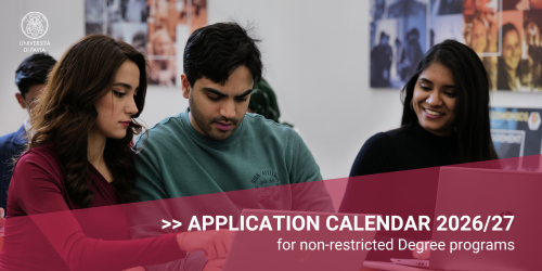 Due studentesse e uno studente internazionale. In sovrapposizione scritta "Application calendar 2026/2027 for non-restricted Degree programs"