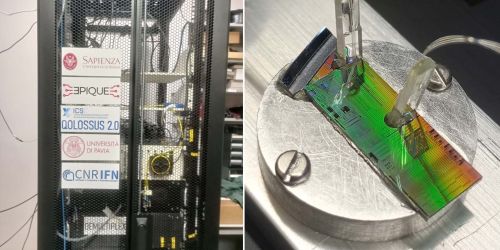 Collage con due immagini di Qolossus 2.0, primo quantum computer fotonico italiano modulare