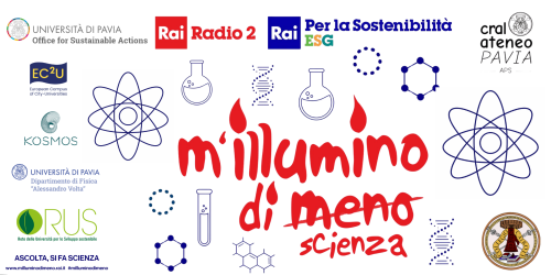 Logo "M'illumino di meno scienza" accompagnato dai loghi dei partner degli eventi targati UniPv
