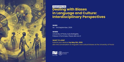 Cover Call convegno "Dealing with Biases in Language and Culture" con info principali sulla call e disegno di sagome umane e collegamenti che rimandano all'intelligenza artificiale