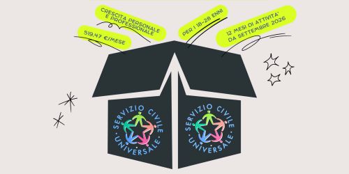 Logo del Servizio Civile Universale applicato a scatola da cui escono scritte relative ai punti chiave del Servizio Civile