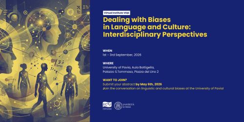 Cover Call convegno "Dealing with Biases in Language and Culture" con info principali sulla call e disegno di sagome umane e collegamenti che rimandano all'intelligenza artificiale