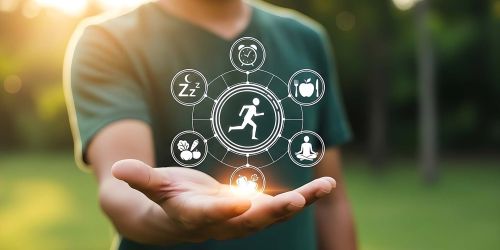 Primo piano di una mano aperta che solleva icone grafiche luminose raffiguranti i pilastri del benessere: sport, sonno, alimentazione sana, meditazione, tempo e idratazione. Lo sfondo sfocato mostra un ambiente naturale soleggiato.