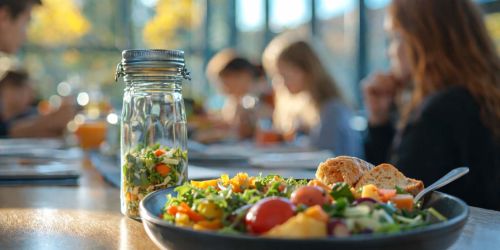 Piatto con verdure su tavolo a cui sono seduti ragazzi e ragazze