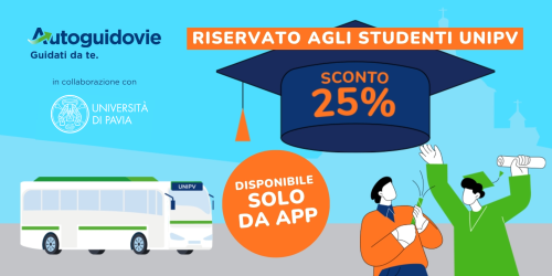 Grafica promozionale di Autoguidovie in collaborazione con l'Università di Pavia. Su sfondo azzurro, un autobus di linea e illustrazioni di studenti e studentesse in festa. Il testo annuncia uno sconto del 25% riservato agli studenti e alle studentesse UniPv, specificando che l'offerta è disponibile solo tramite App.