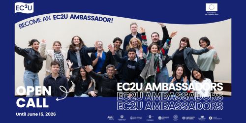 Copertina della Call per gli EC2U Ambassador con fotografia di gruppo di studentesse e studenti che rivestono il ruolo di Ambassador EC2U.