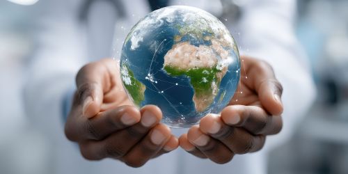 Primo piano di mani di un medico che sorreggono globo terrestre su cui vede continente africano 