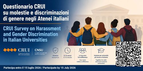 Cover del "Questionario CRUI su molestie e discriminazioni di genere negli Atenei italiani". Disegno di cinque studenti di spalle, abbracciati, che guardano verso un edificio universitario. Sono presenti i loghi di CRUI e CNSU. Quattro icone indicano che il test è anonimo, dura 12-15 minuti e invita alla partecipazione per università più sicure. In basso è riportata la scadenza: 15 luglio 2026. Un codice QR in basso a destra rimanda al sondaggio.