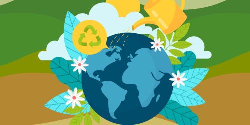 Illustrazione del pianeta Terra circondato da foglie e fiori, mentre un annaffiatoio versa acqua sul globo e appare il simbolo del riciclo.