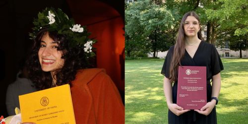 Collage composto da due foto. A sinistra Matilde Sofia Del Canto e a destra Lara Spagnolli, entrambe nel giorno della laurea con la tesi in mano