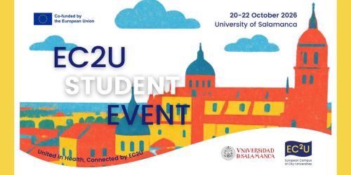 Copertina dell'EC2U Student Event, 20-22 ottobre 2026 all'Università di Salamanca. Illustrazione colorata dello skyline della città. Loghi UE e EC2U visibili.