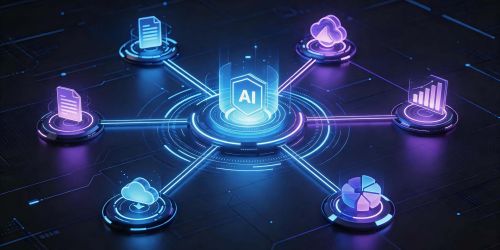 Al centro icona con acronimo AI collegata a icone raffiguranti grafici, report, simbolo del cloud