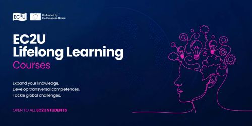 Cover per corsi EC2U Lifelong Learning aperti a tutti gli studenti dell'Alleanza. Presenta un volto umano stilizzato di profilo con lampadine e ingranaggi fucsia su fondo blu.
