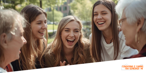 Studenti e anziani sorridono all'aperto. Logo in basso: "Progetto Co-Housing e caring tra generazioni"