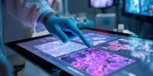 Ricercatore in laboratorio analizza cellule tramite touch screen
