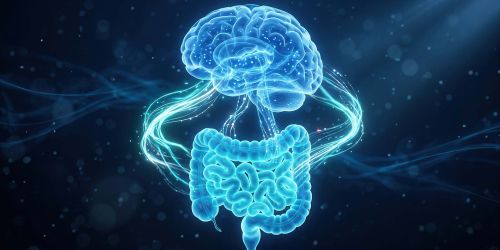 Cervello e intestino blu brillante che rappresentano la connessione dell'asse intestino-cervello e il microbiota umano.