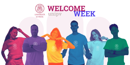Sei studenti sorridenti, in t-shirt colorate con il logo UniPv, per il 'Welcome Week' dell'Università di Pavia. In alto logo UniPv e scritta "Welcome Week unipv"pv'.