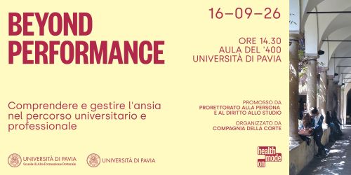 Cover incontro "Beyond Performance" con i dettagli dell'evento. A destra foto del Cortile delle Magnolie con studenti e studentesse