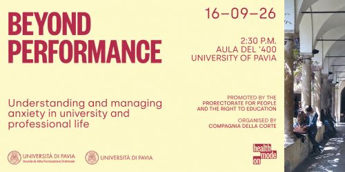 "Beyond Performance" meeting cover featuring event details. On the right, a photo of the Magnolia Courtyard with students.