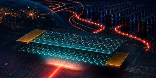 Rappresentazione concettuale di un dispositivo a superconduttività basato su grafene a due strati, che collega i dati globali ai server quantistici in un'estesa rete digitale.