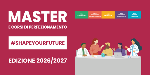 Cover per Master e Corsi di Perfezionamento Edizione 2026/2027: un gruppo di professionisti e studenti seduti a un tavolo, con cinque icone colorate che rappresentano le diverse aree disciplinari.