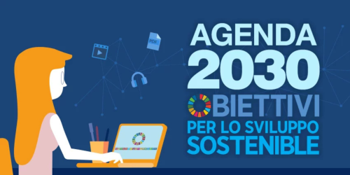 Disegno di ragazza al pc con scritta "Agenda 2030 Obiettivi per lo Sviluppo Sostenibile"