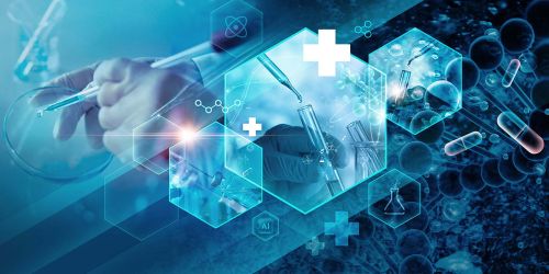 Scienziati al lavoro nella ricerca genetica, biotecnologie, biologia umana e tecnologia farmaceutica su sfondo di laboratorio. Icone che richiamano l'intelligenza artificiale.