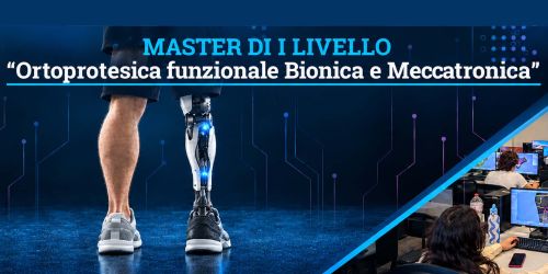 Cover Master in Ortoprotesica funzionale bionica e meccatronica 2026/2027 con dettaglio su arti inferiori di cui uno costituito da protesi e studenti al computer