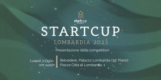 Grafica relativa a Startcup Lombardia 2023 con titolo e principali dettagli evento