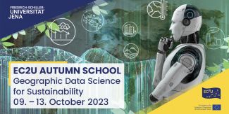 Grafica della Autumn School con titolo e immagini relative a intelligenza artificiale ed elaborazione dati geospaziali