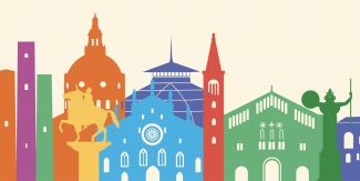 Grafica stilizzata con principali monumenti di Pavia