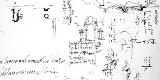 Dettaglio di appunti e schizzi preparatori tratti da documenti di archivio che descrivono monumenti del Rinascimento