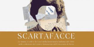 Copertina Mostra "Scartafacce" con sagoma del viso di Maria Corti e sullo sfondo dei manoscritti