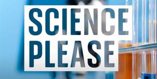 Logo "Science, please". Sullo sfondo laboratorio con provette