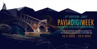 Banner PaviaDigiWeek 2023 con ricostruzione digitale del Ponte Coperto sullo sfondo
